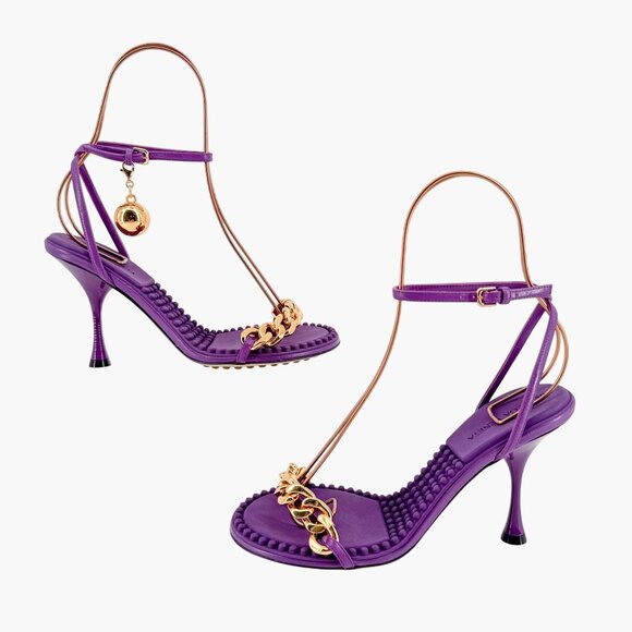 Bottega Veneta Dot Chain Heel Sandals Purple Leather Size 37 US 7 Women - Picture 9 of 14